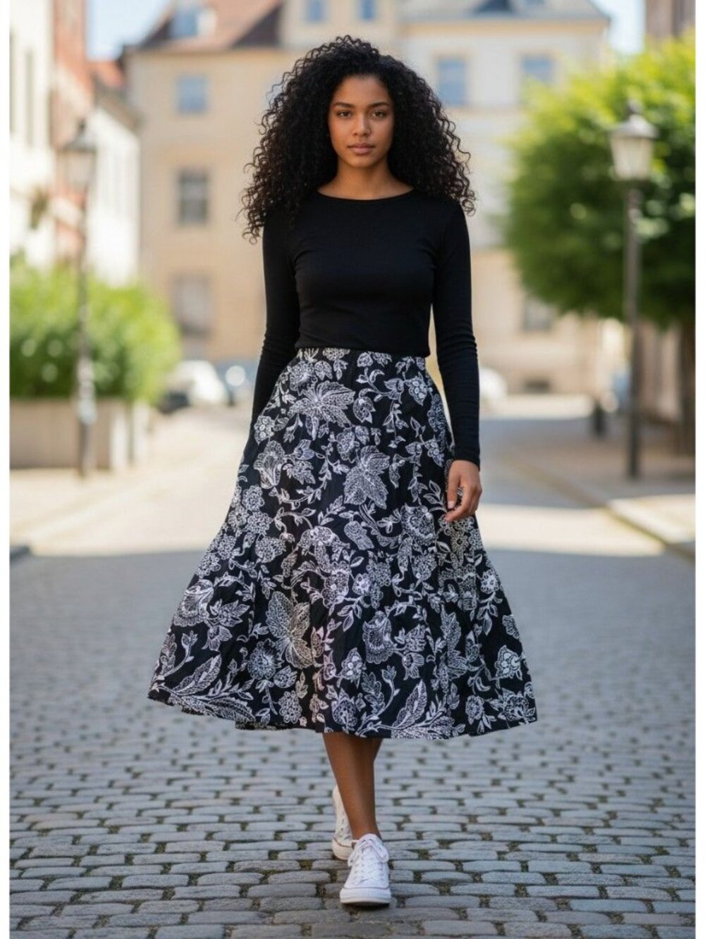 Lauren Ralph Lauren Black White Floral Midi Skirt 100% Cotton M  Womens